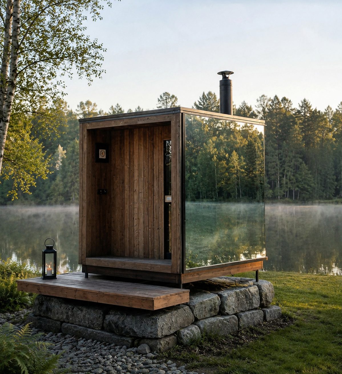 MYRKK Sauna — presklený modul pri jazere, koncept